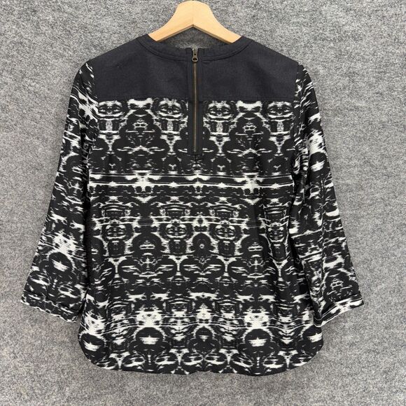 J. Crew Blouse Women 0 Black Geometric Long Sleeve Zipper Crew Neck Casual - Picture 2 of 7